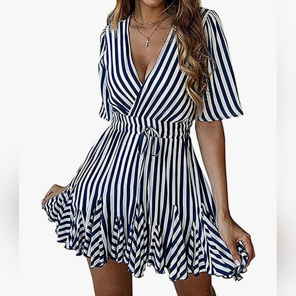 Women's Casual Summer Striped Dress Short Sleeve Wrap V Neck Ruffle Hem Mini Ska